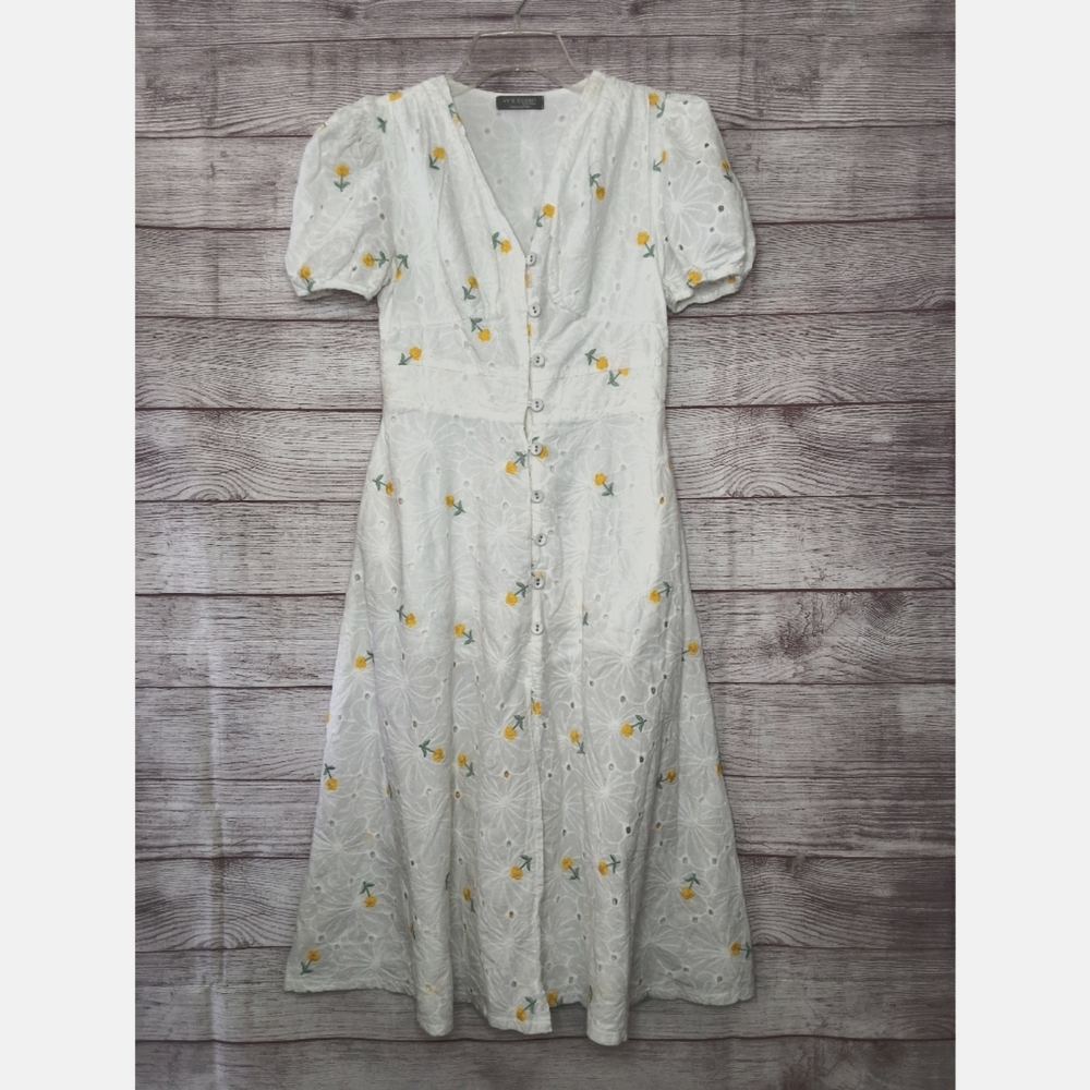 White and yellow embroidered floral dress